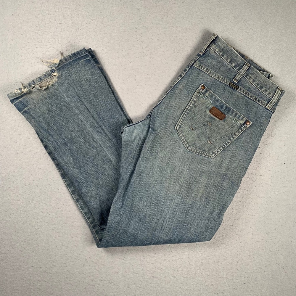 Wrangler Boot Cut Jeans Mens 36x34 Cowboy Western Medium Wash Distressed Denim
